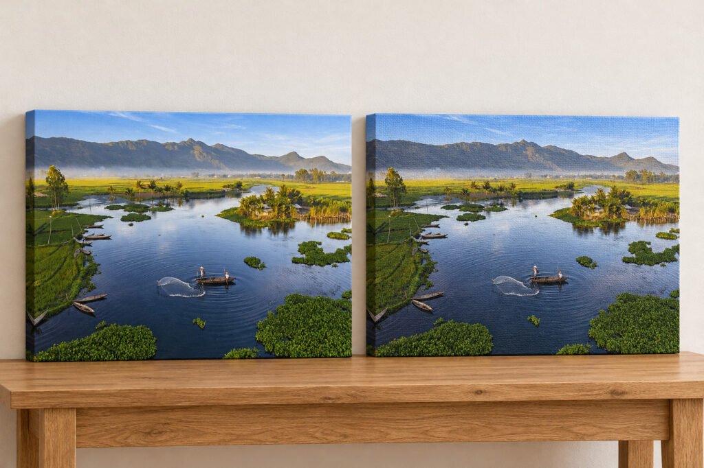 Fine-weave and coarse-weave fine art canvas samples compared