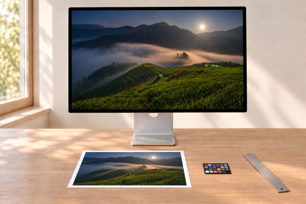 Retouching desk with a landscape photograph on screen, a test strip, ruler and loupe