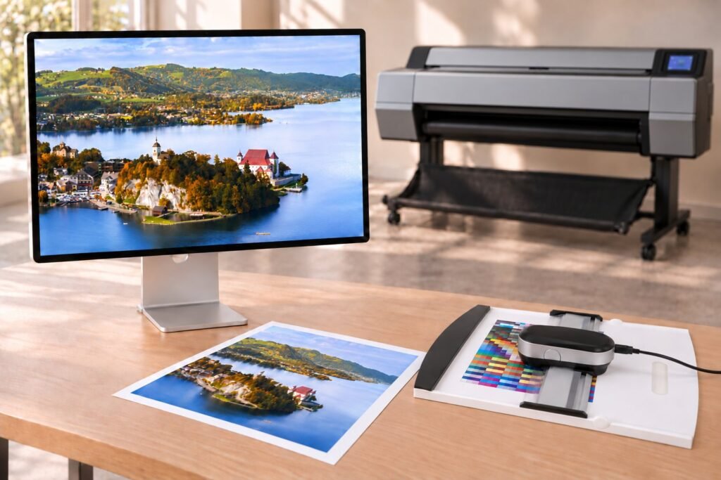 Reference display, colour measurement instrument and paper samples in front of a large-format printer