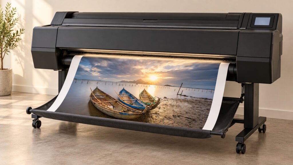 Illustrative fine art print studio with a large-format pigment printer and an inspection table